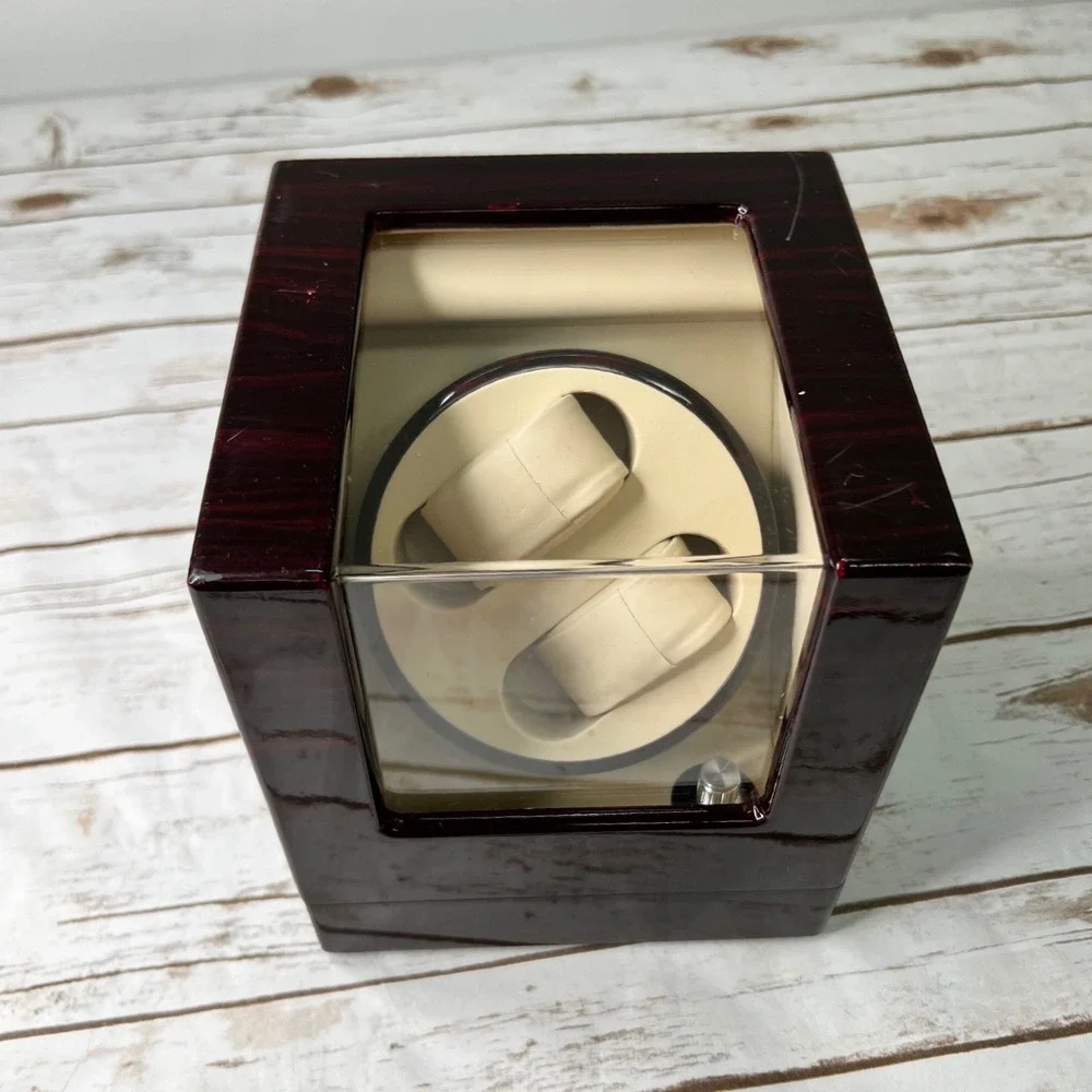 JQUEEN Double Watch Winder Mahogany Wood Automatic Rotator Brown 2-Slot Box